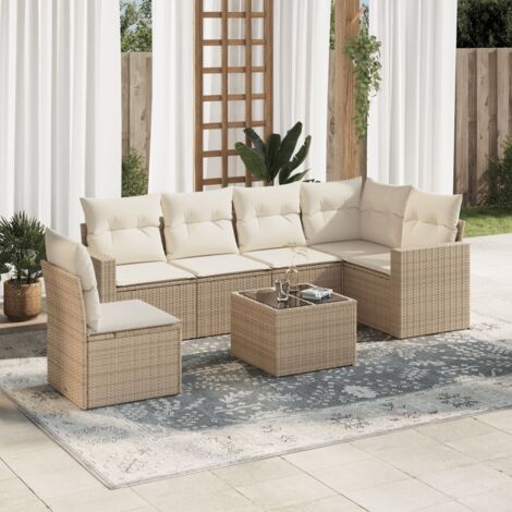 Canapé d'angle extérieur 7 pièces en résine tressée beige avec coussins déhoussables et table en verre trempé