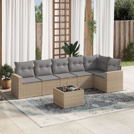 Canapé d'angle extérieur 7 pièces en résine tressée beige avec coussins gris, verre trempé et accoudoirs larges