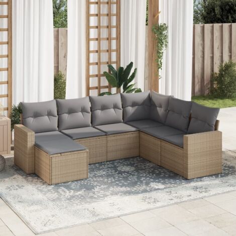Canapé d'angle extérieur 7 pièces en résine tressée beige avec coussins lavables – design modulaire et résistant aux intempéries