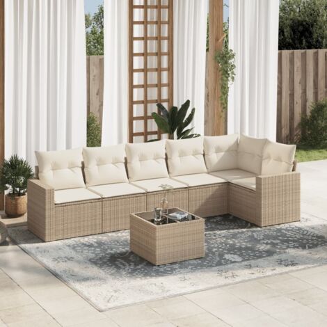 Canapé d'angle extérieur 7 pièces en résine tressée beige avec coussins lavables et table en verre trempé