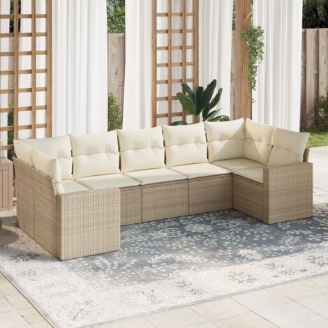 Canapé d'angle extérieur 7 places en résine tressée beige avec coussins lavables – salon de jardin modulaire résistant aux UV