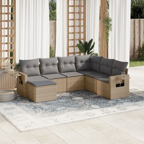 Canapé d'angle extérieur 7 places en résine tressée beige avec coussins lavables – salon de jardin modulaire résistant aux UV