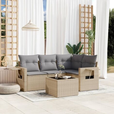 Canapé d'angle extérieur résine tressée avec coussins gris clair et table en verre - 5 pièces