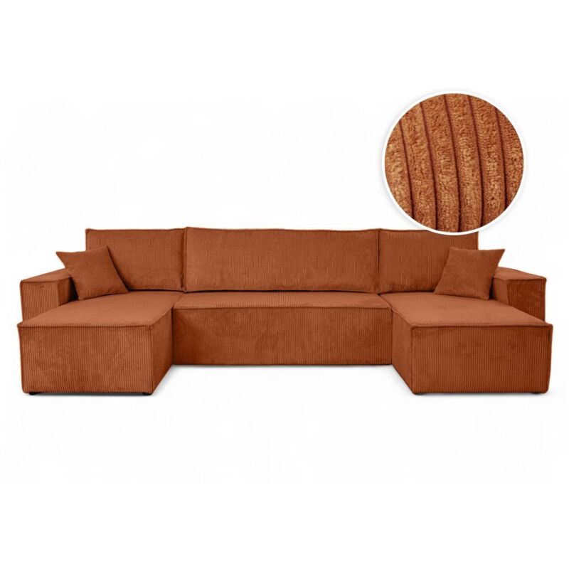 Canapé d'angle FARAH panoramique convertible 6 places en velours côtelé - Terracotta Canapé d'angle FARAH panoramique convertible 6 places en velours côtelé - Terracotta