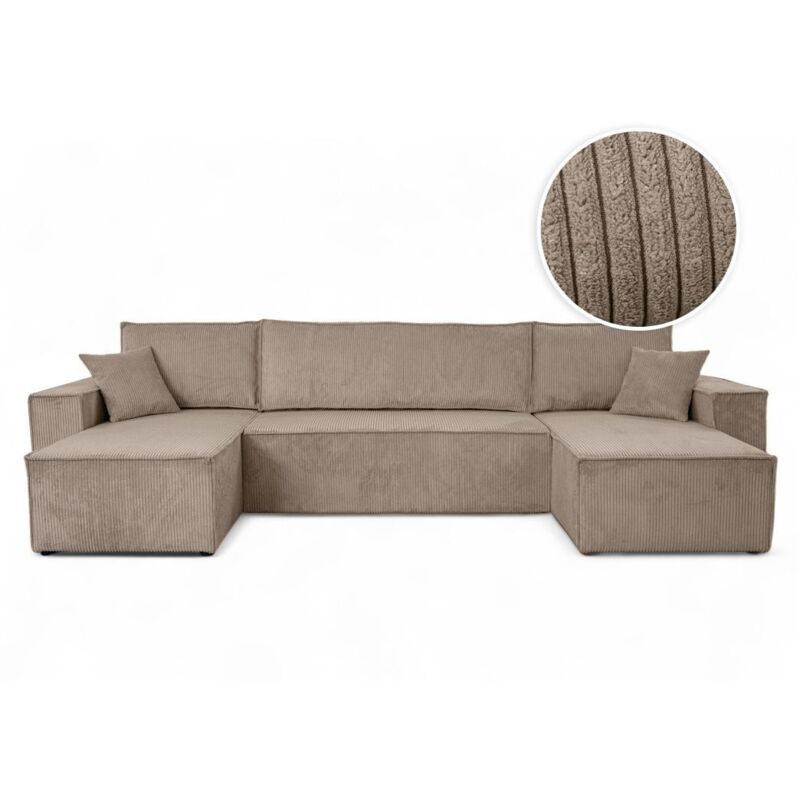 Canapé d'angle FARAH panoramique convertible 6 places en velours cotelé - Taupe