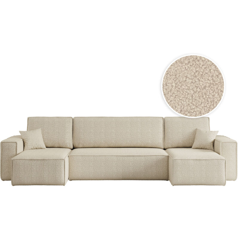 Canapé d'angle FARAH panoramique convertible 6 places en tissu bouclette - Beige