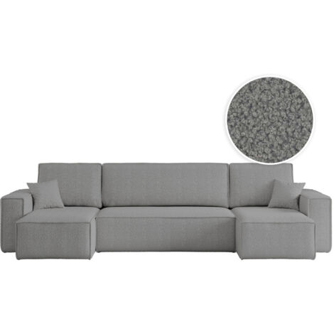 Canapé d'angle FARAH panoramique convertible 6 places en tissu bouclette - Gris foncé