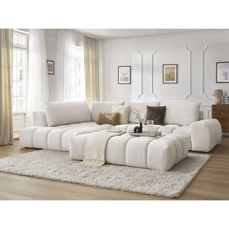 Bobochic - Canapé d'angle fixe everest tissu texturé avec pouf Angle gauche Blanc