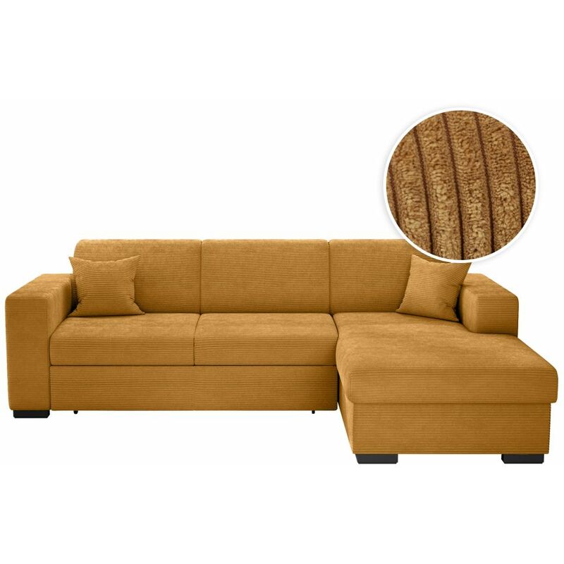 Loungitude - Canapé d'angle fuji xl convertible avec coffre en velours côtelé - Angle droit - Jaune