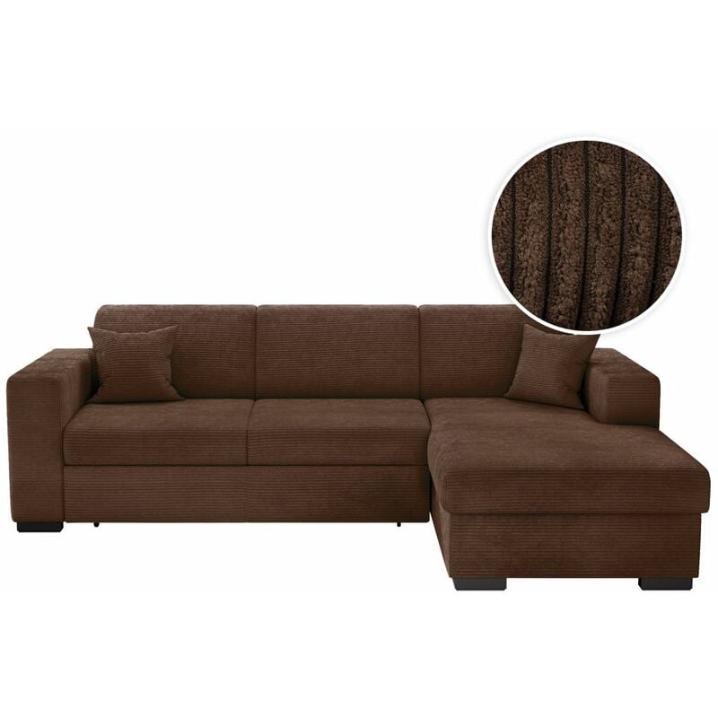 Loungitude - Canapé d'angle fuji xl convertible avec coffre en velours côtelé - Angle droit - Marron