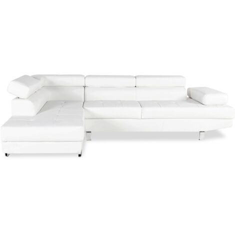 Intensedeco – Canapé d'angle gauche avec têtières relevables – Dimensions L260 x P163 x H72 cm – Matière synthétique blanche – Accoudoir réglable