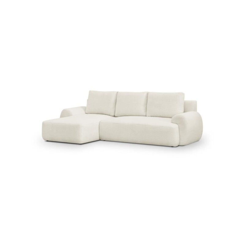 Canapé d'angle gauche convertible 4/5 places milo - Tissu bouclette beige clair - Coffre de rangement - l 264 x h 84 x p 99/145