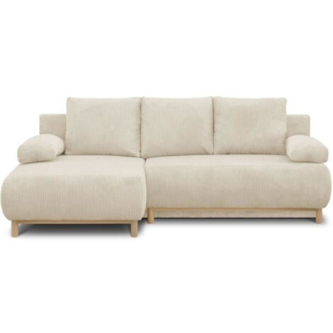 Canapé d'angle gauche convertible 3 places – Velours côtelé beige – Coffre de rangement – Dimensions L218 x P98/145 x H84 cm
