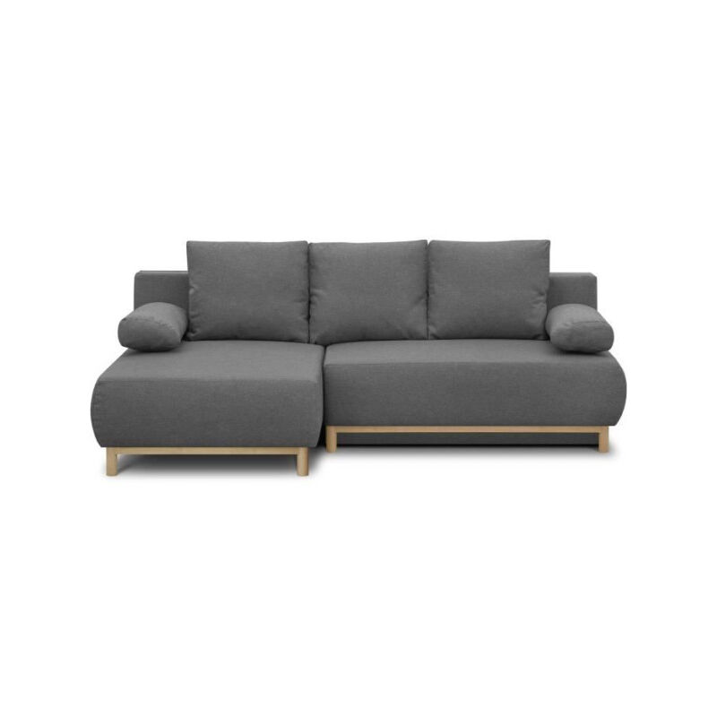 Canapé d'angle gauche convertible MIKA 3 places - Tissu gris clair - Coffre de rangement - L218 x P98/145 x H84 cm
