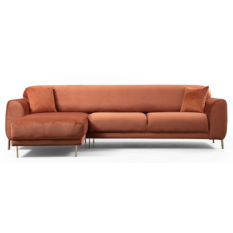 Canapé d'angle gauche design velours orange et pieds acier doré Liza