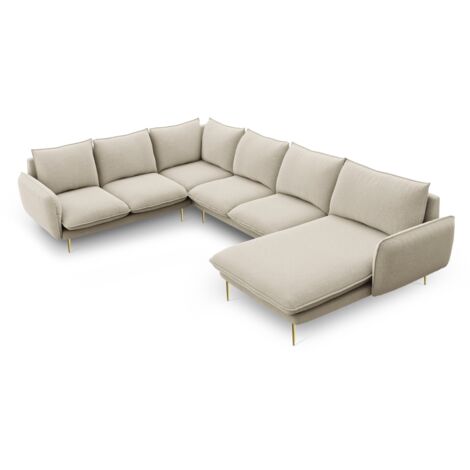 Canapé d'angle gauche panoramique 7 places tissu structurel beige