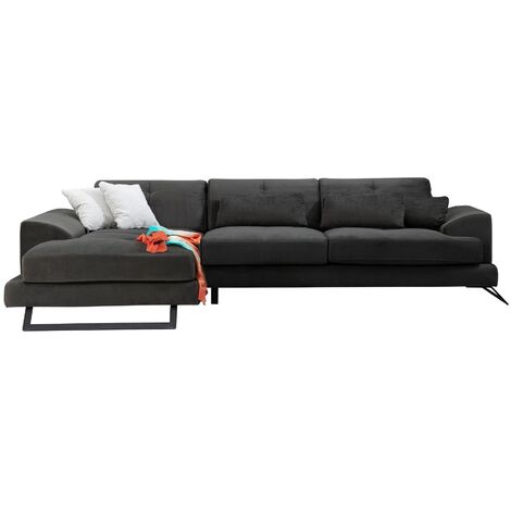 Canapé d'angle gauche velours anthracite avec têtières relevables et pieds metal noir Briko 308cm