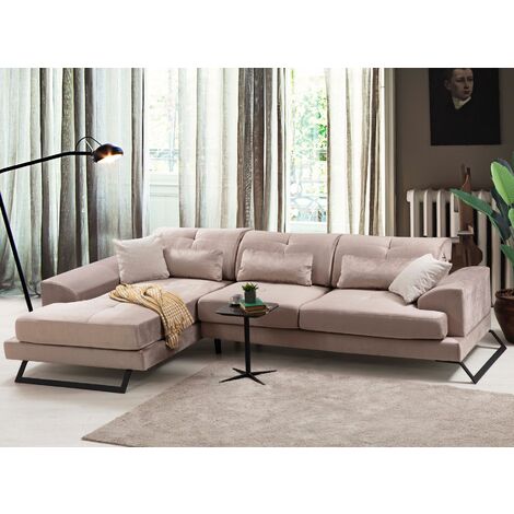 Canapé d'angle gauche velours beige avec têtières relevables et pieds metal noir Briko 308cm