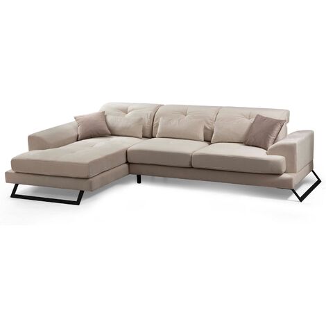 Canapé d'angle gauche velours beige clair têtières relevables pieds metal noir Briko 308cm