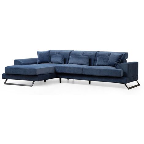 Canapé d'angle gauche velours bleu avec têtières relevables et pieds metal noir Briko 308cm