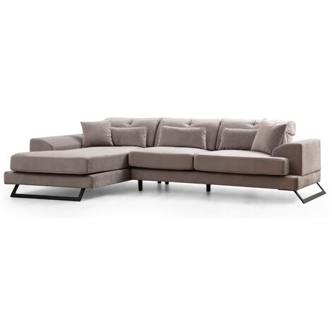 Canapé d'angle gauche velours gris avec têtières relevables et pieds metal noir Briko 308cm