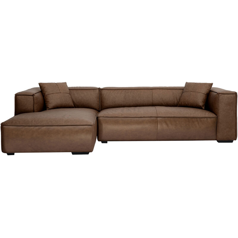 Canapé d'angle gauche vintage 4-5 places en cuir marron et bois noir COBAIN