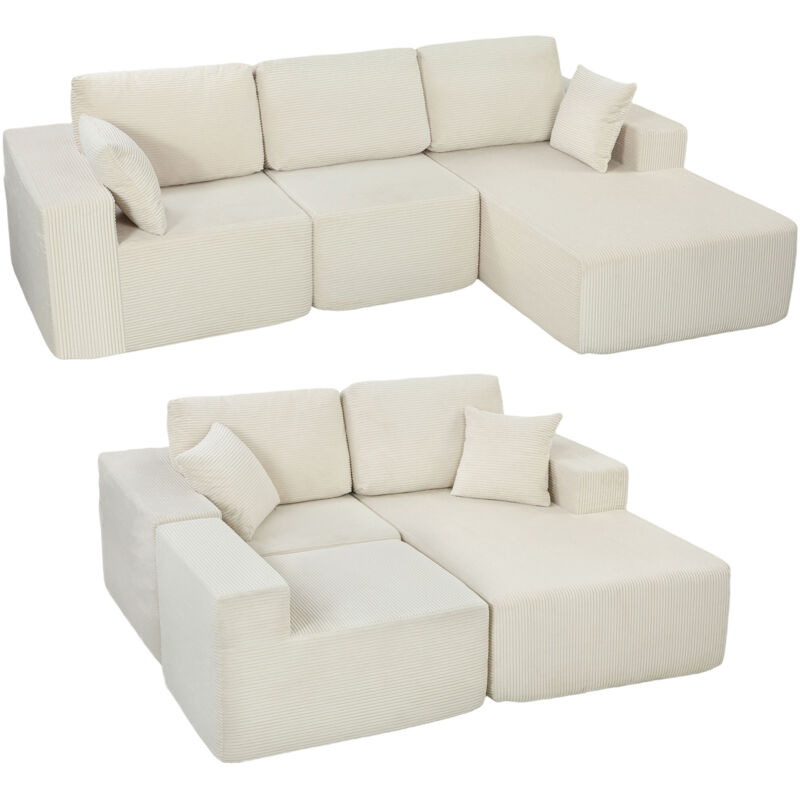 Canapé d'angle - HOMCOM - modulable - 2 en 1 - 3 places - larges assise et accoudoirs, 2 coussins - velours côtelé - 267cm - crème