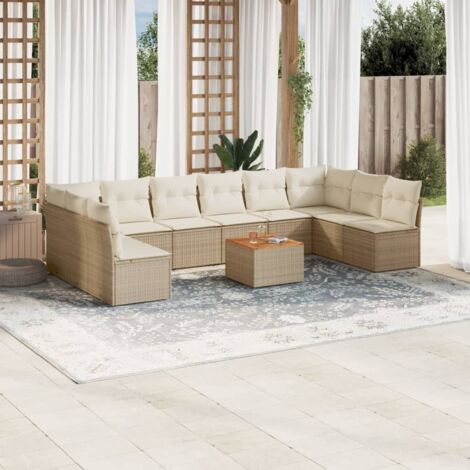 Canapé d'angle jardin 11 pièces en résine tressée beige avec coussins, 2 sièges d'angle et 8 centraux, table acacia, rangement intégré, housses lavables.
