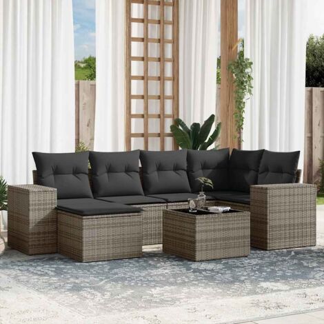 Canapé d'angle jardin 6 places gris résine tressée  Ensemble salon extérieur modulaire avec coussins amovibles  Résistance UV, charge 110kg