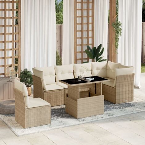 Canapé d'angle jardin 7 pièces en résine tressée beige avec coussins crème, table réglable 100x55 cm et acier peint