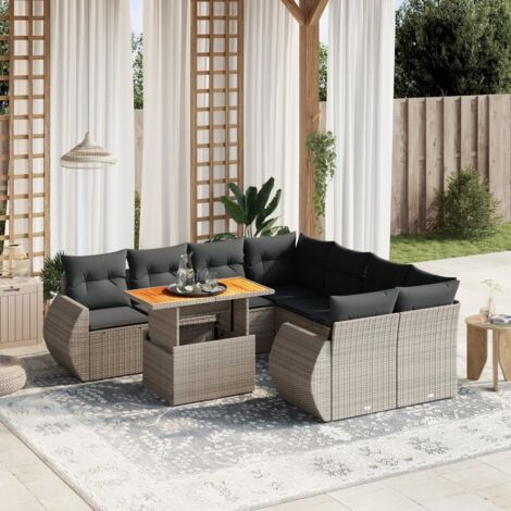 Canapé d'Angle Jardin 9 Pièces Gris Résine Tressée avec Coussins Modulable Table Réglable