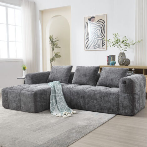Canapé d'angle L 3 places en chenille gris avec méridienne et accessoires, confort haut de gamme pour décoration intérieure