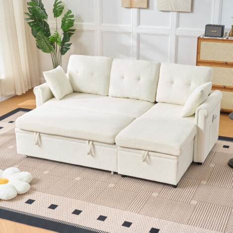 Canapé d'angle L convertible en lit en chenille beige avec rangement, installation bilatérale pratique pour salon chambre d'amis
