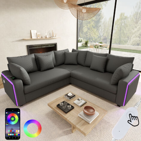 Canapé d'angle L LED USB velours gris 198x198 cm