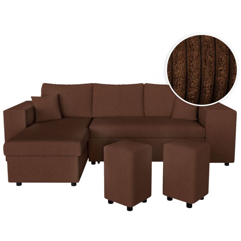 Loungitude - Canapé d'angle réversible mady avec coffre, rangement poufs à droite en velours côtelé marron