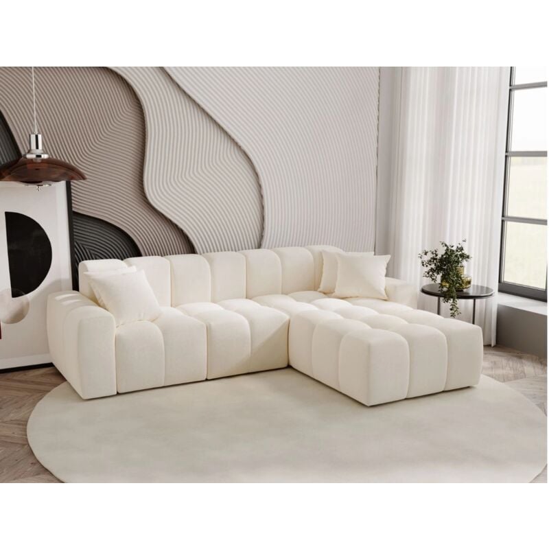 Graingold - Canapé D'angle Méridienne Droite Colombo Tissu Velours Crème