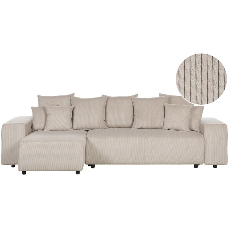Beliani - Canapé d'Angle Moderne à Droite avec Couchage et Coussins en Velours Côtelé Taupe Luspa