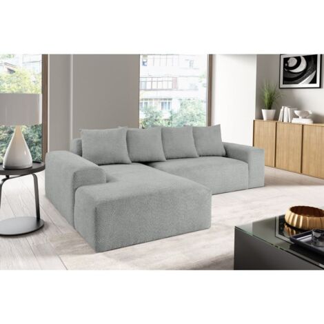 Canapé d'angle MODULA avec coussins en tissu bouclette gris angle gauche