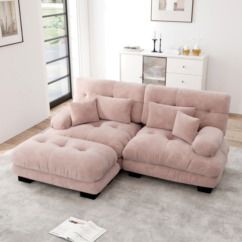 Neche – Canapé d'angle modulable 2 places – Tissu chenille vintage – Cadre en bois massif – 2 coussins lombaires et déco – Repose-pieds amovibles –