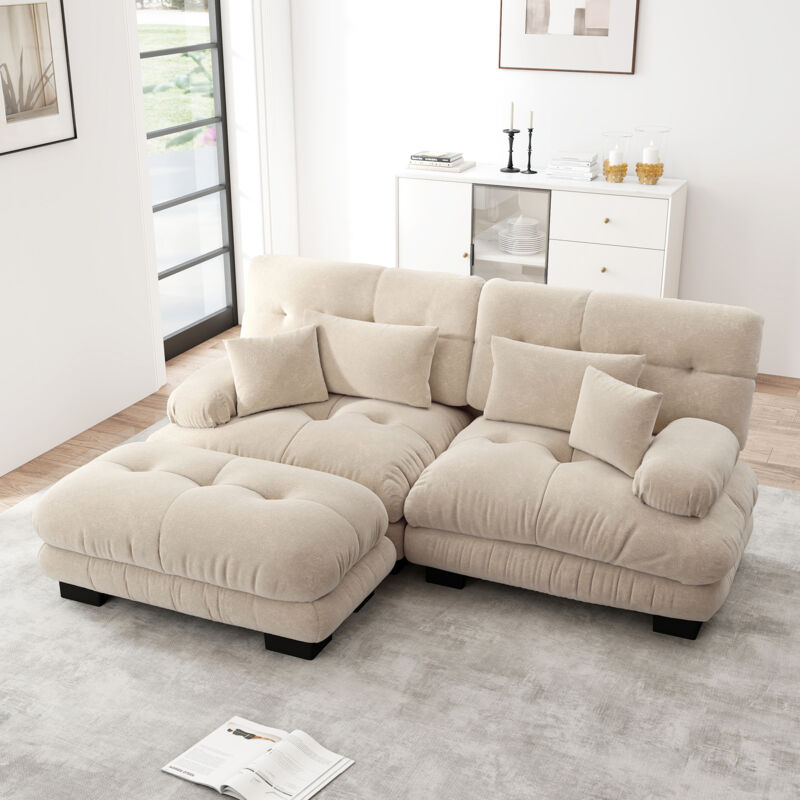 Neche – Canapé d'angle modulable 2 places – Tissu chenille vintage – Cadre en bois massif – 2 coussins lombaires et déco – Repose-pieds amovibles –