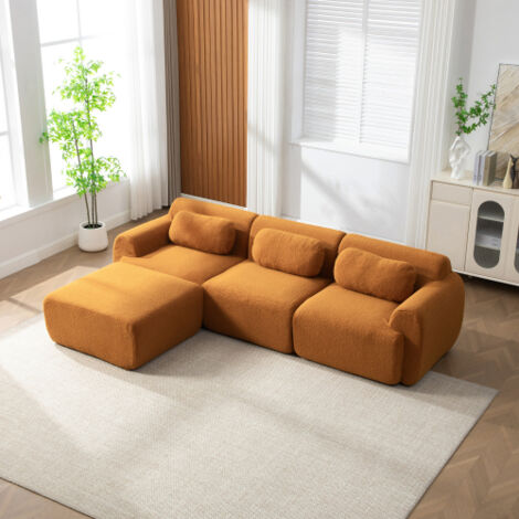 Canapé d’angle modulable 3 places 271x177 cm, sans montage, assise moelleuse, chenille anti-boulochage, orange