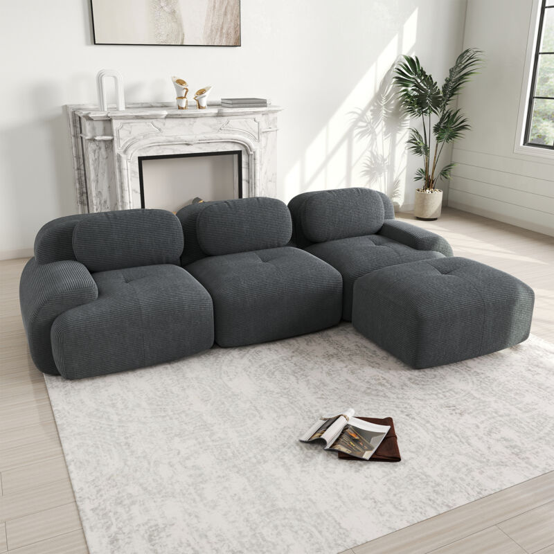 Neche – Canapé d'angle modulable 3 places 298cm – Velours côtelé gris – Accoudoirs galbés – Confort élastique – Base antidérapante