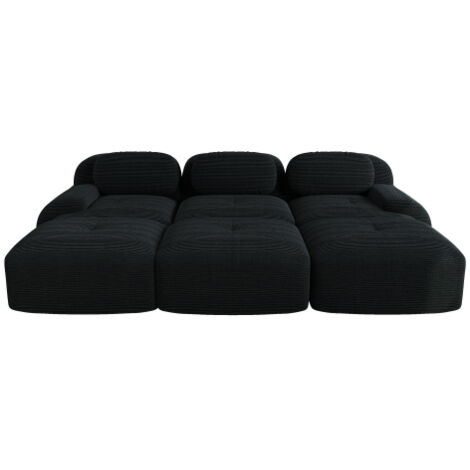 Canapé d’angle modulable 3 places avec 3 poufs en velours côtelé noir, livraison sans montage