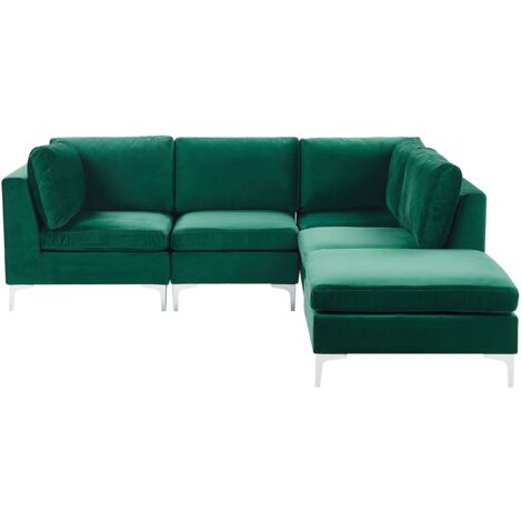 Canapé d'angle modulable 4 places EVJA Velours Vert avec ottoman Côté gauche
