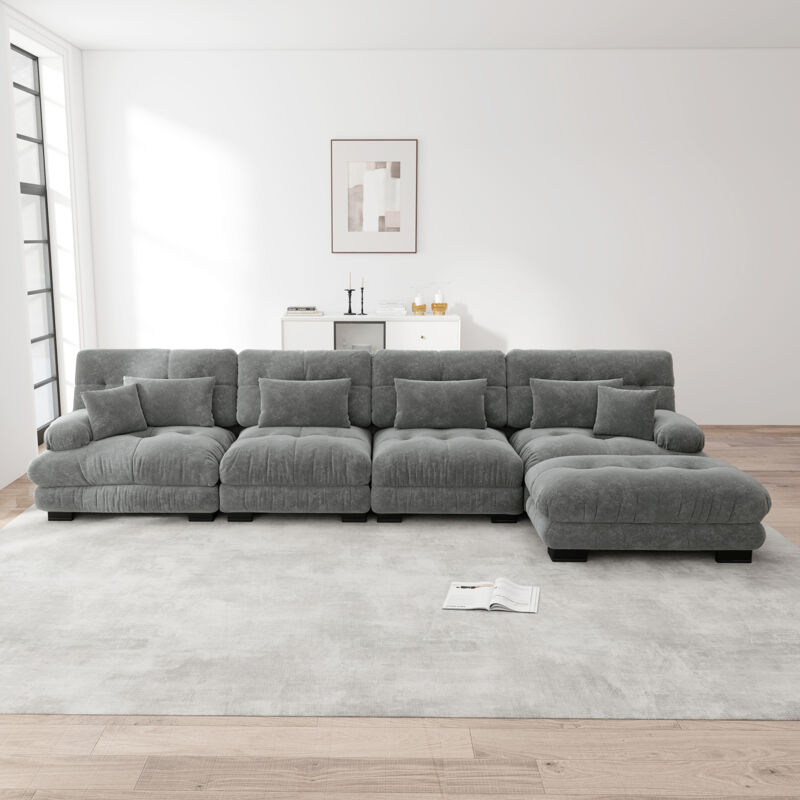 Neche – Canapé d'angle modulable 4 places en chenille – Confort optimal avec repose-pieds amovibles – Design vintage gris – Coussins en mousse