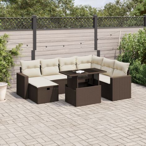 Canapé d'Angle Modulable 8 Pièces Salon Jardin Résine Tressée Marron avec Table Réglable et Coussins Crème
