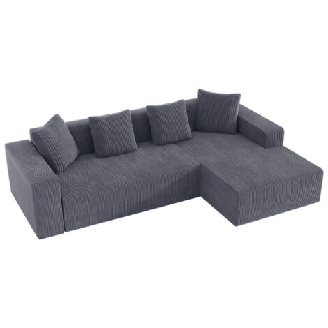 Canapé d’angle modulable avec méridienne, assise profonde, velours côtelé gris
