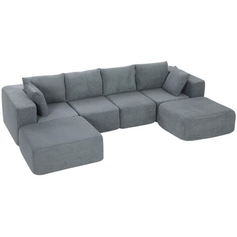 Canapé d'angle modulable en forme de U avec 2 poufs, 2 coussins, larges accoudoirs, aucun assemblage requis, gris