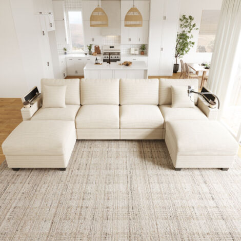 Canapé d’angle modulable en u convertible en velours côtelé beige avec usb, porte-téléphone et rangements