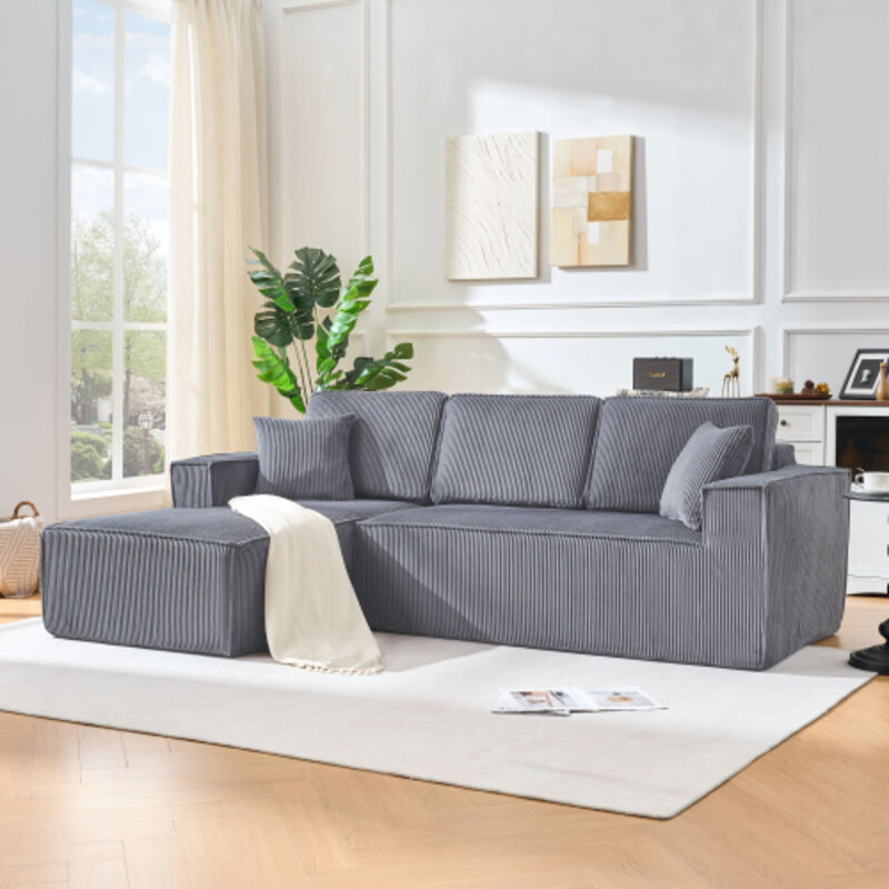 Canapé d’angle convertible modulaire en velours côtelé gris, 2 places avec méridienne